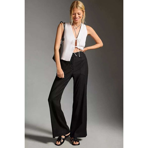 Maeve by Anthropologie Pants - Maeve Naomi Linen Wide-Leg Flare Pants 12 Black High Rise Pockets 4123650590244